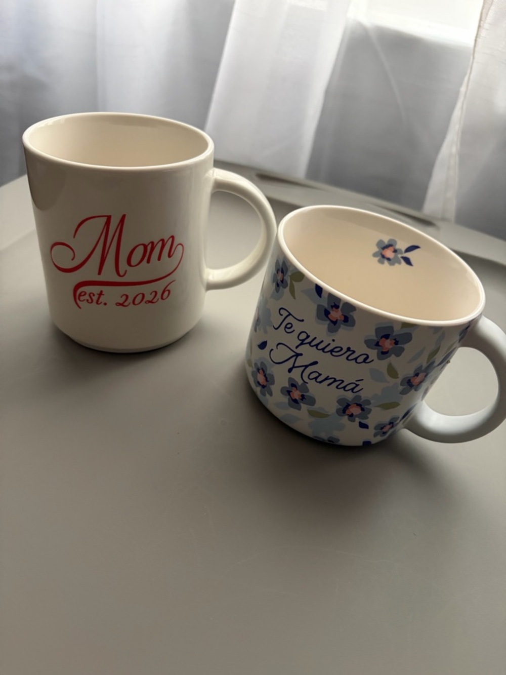 Mom Est. 2026 & Te Quiero Mamá Floral Ceramic Mug Set - White and Blue